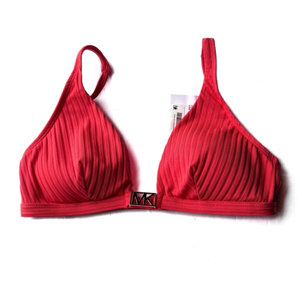Michael Kors Ribbed Bikini Top with MK Goldtone Logo Hardware Size Medium